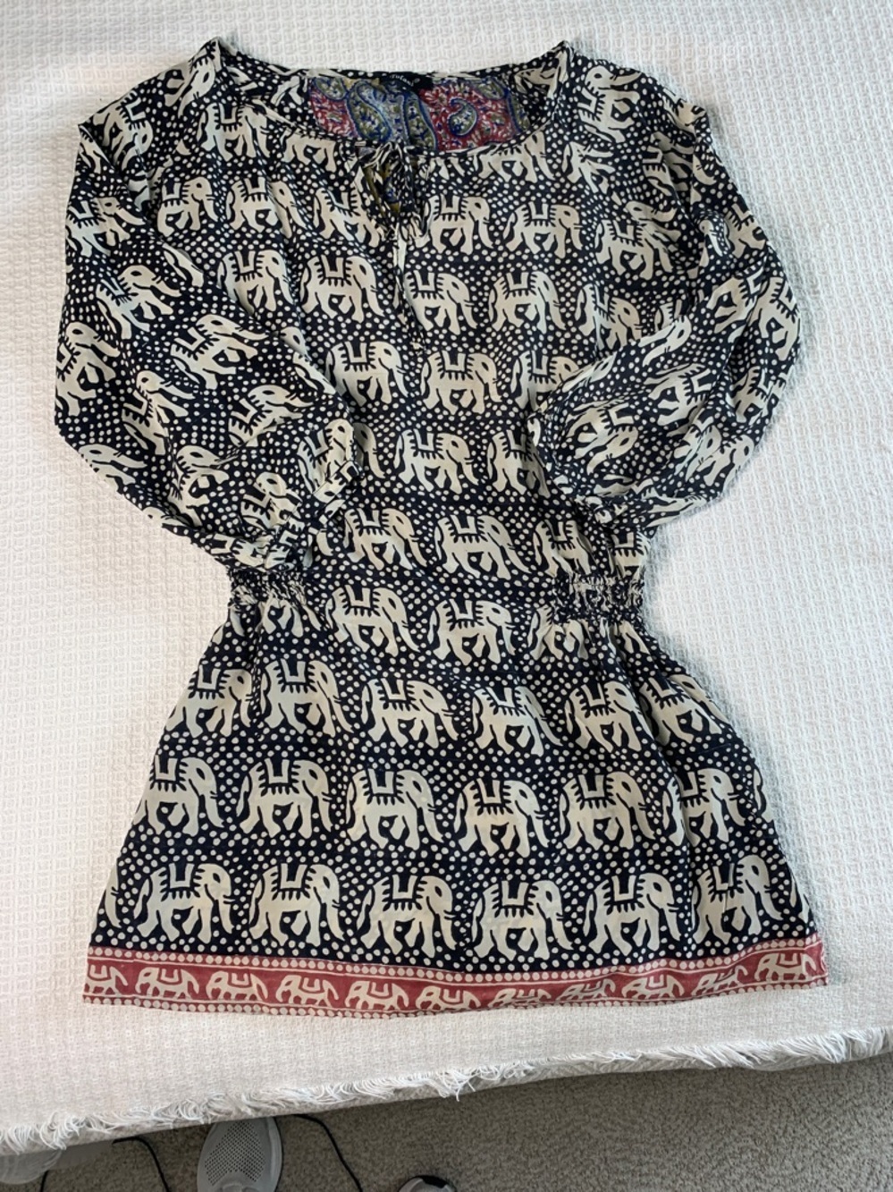 Tolani silk tunic blouse with elephant print, cinch waist and peplum size small